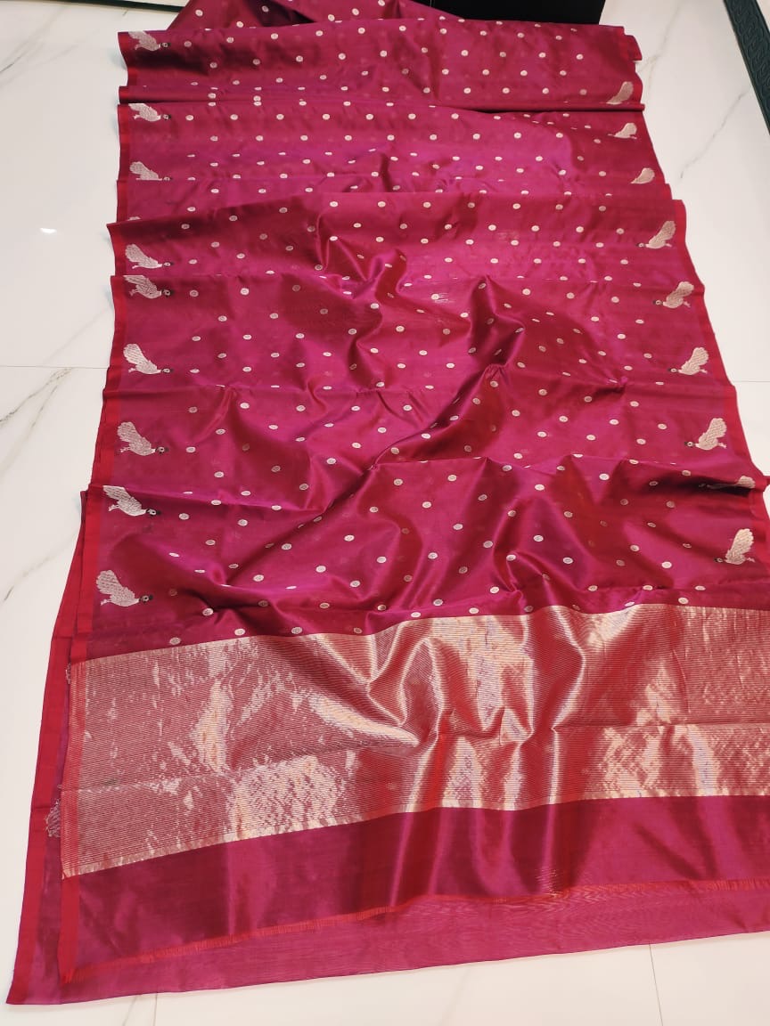 Handwoven Maroon Deep Maroon with Silver Peacock Motifs and Silver Zari Border Chanderi Pattu Silk Saree - Authentic Chanderi silk sarees Chanderi Saree - View 1
