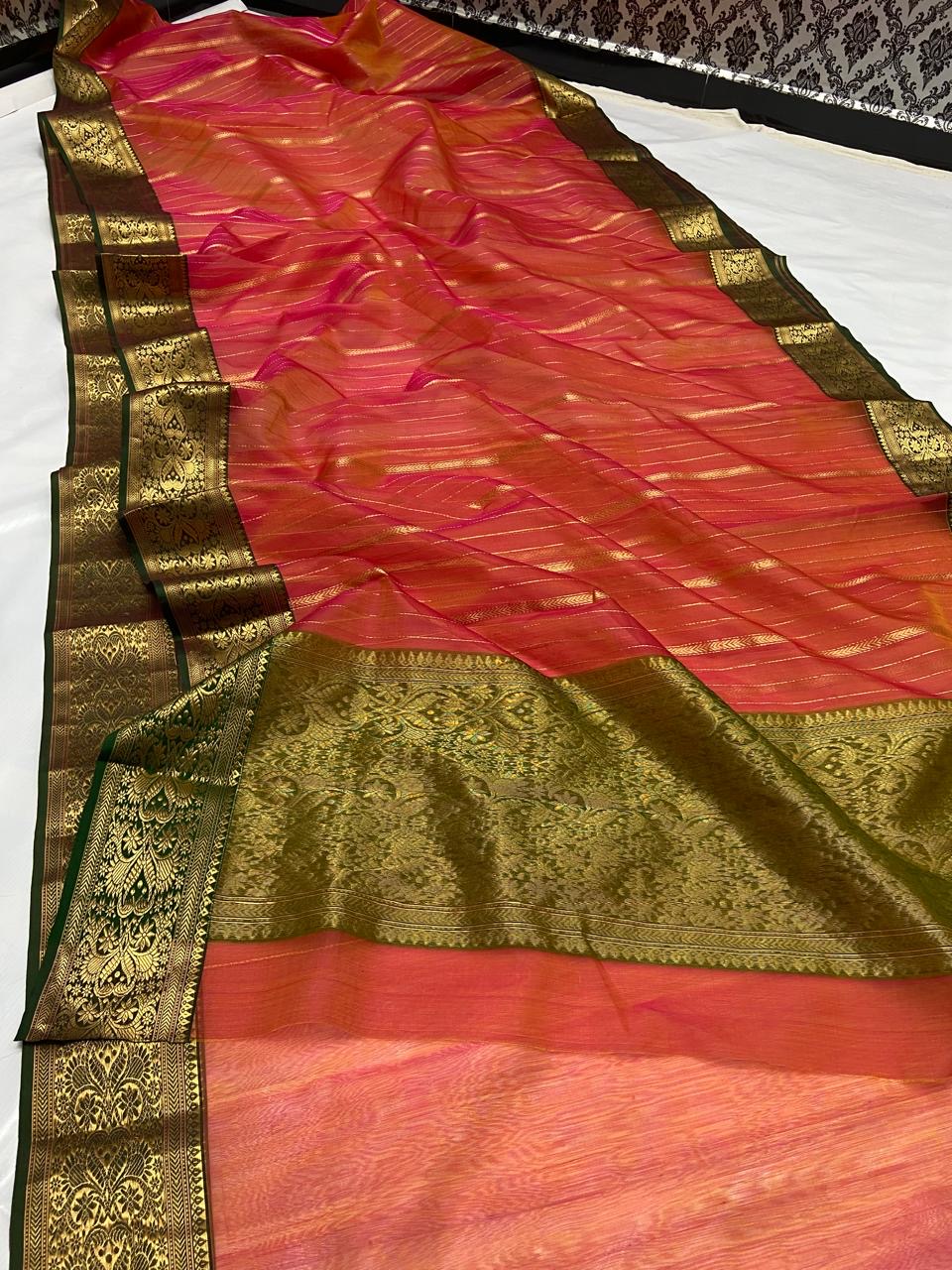 Handwoven Orange Dual-Tone Orange and Olive Green border with Zari Stripe Organza Chanderi Katan Silk Saree - Authentic Chanderi silk sarees Chanderi Saree