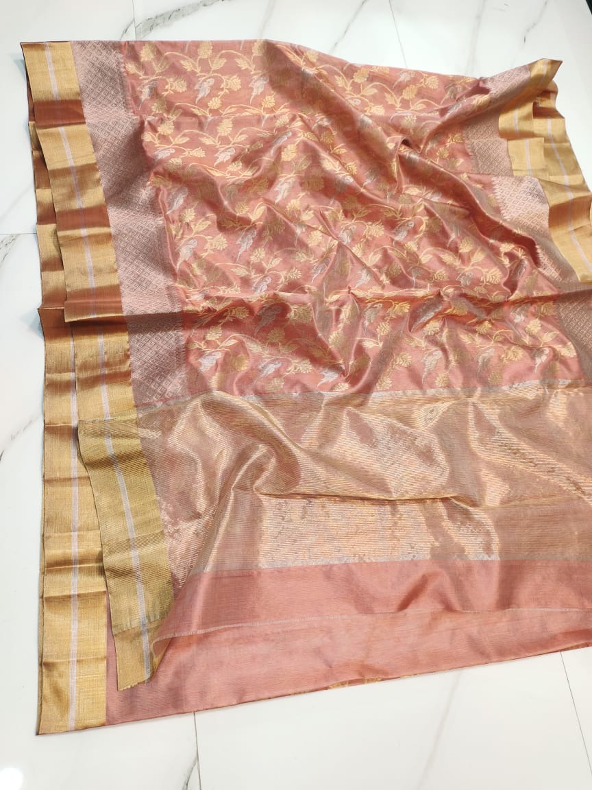 Elegant Dusty Rose Pink with Dual Zari Floral and Geometric Weaving Chanderi Pattu Silk Saree - Handloom Chanderi Saree