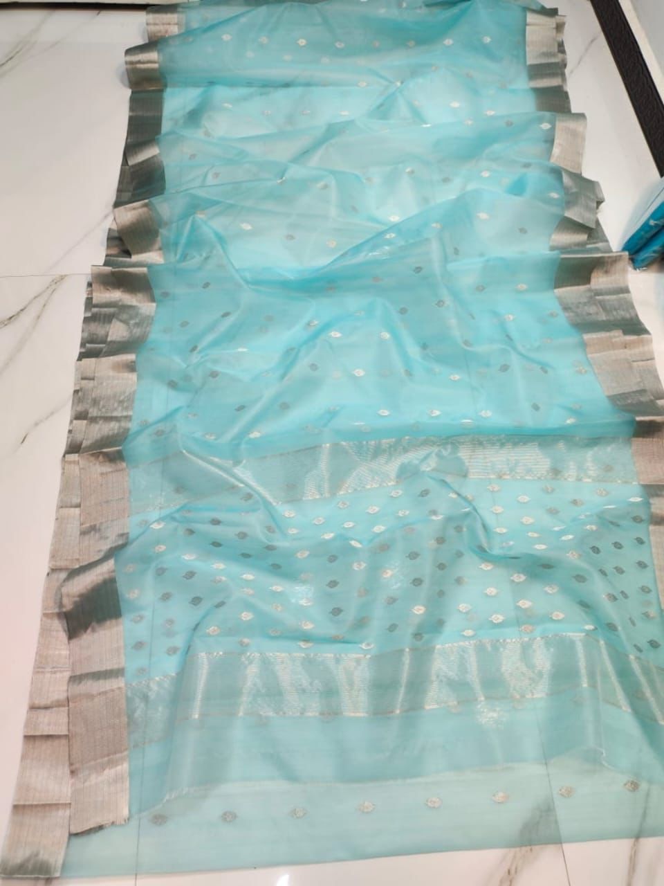 Handwoven Silver Ethereal Sky Blue with Elegant Silver Zari Buttas and Sleek Border Organza Chanderi Katan Silk Saree - Authentic Chanderi silk sarees Chanderi Saree
