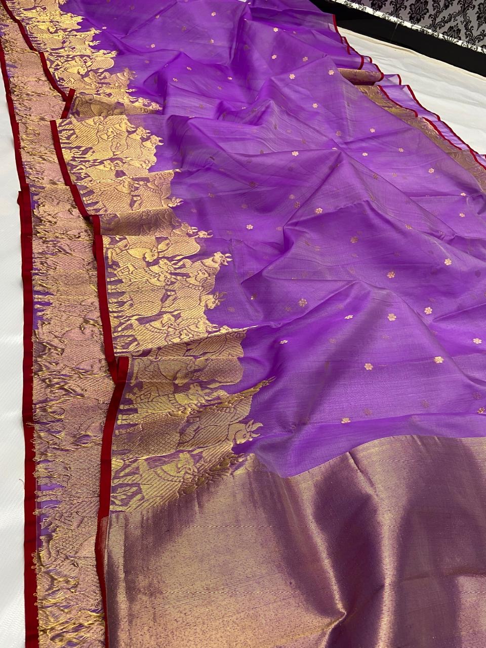 Handwoven Gold Lavender Pure Silk Saree with Rich Gold Zari Organza Chanderi Katan Silk Saree - Authentic Chanderi silk sarees Chanderi Saree
