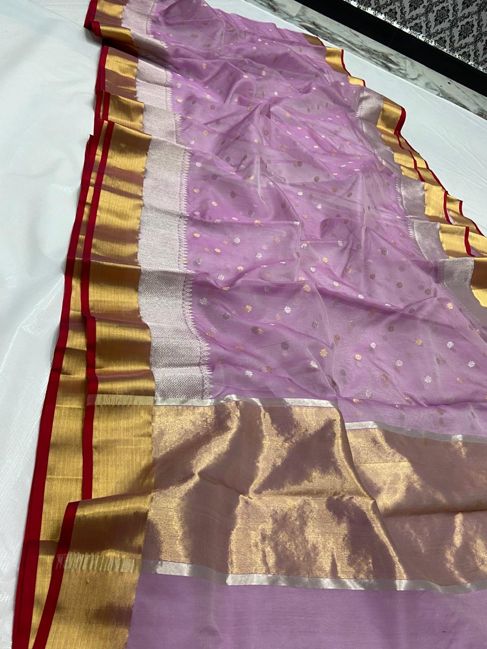 Handwoven Silver Lavender with Gold and Silver Zari Border Organza Chanderi Katan Silk Saree - Authentic Chanderi silk sarees Chanderi Saree
