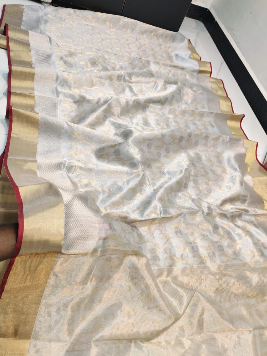 Handwoven Grey Light Grey with Gold Zari Work and Border Chanderi Pattu Silk Saree - Authentic Chanderi silk sarees Chanderi Saree