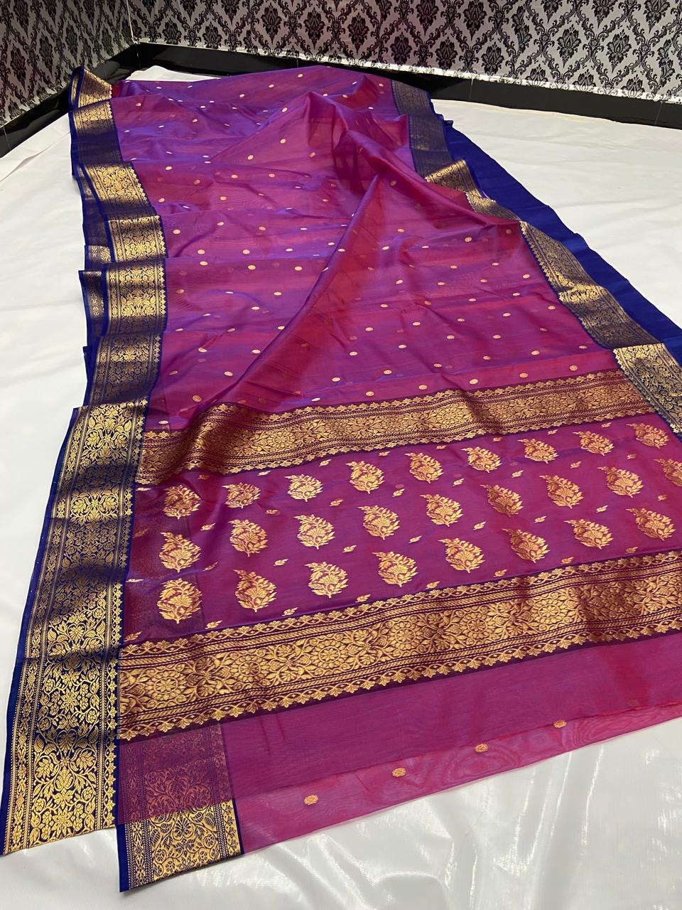 Handwoven Gold Magenta with Royal Blue and Gold Paisley Border Organza Chanderi Katan Silk Saree - Authentic Chanderi silk sarees Chanderi Saree