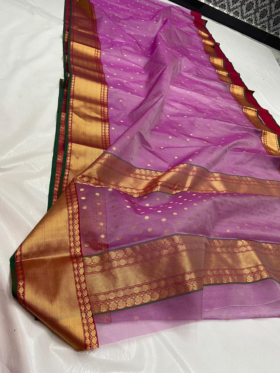 Handwoven Gold Orchid Pink with Gold Zari Buti Organza Chanderi Katan Silk Saree - Authentic Chanderi silk sarees Chanderi Saree