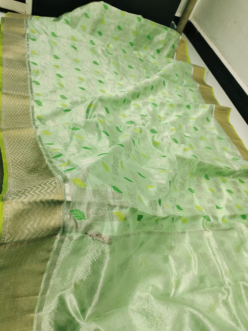 Handwoven Gold Pastel Mint Green with All Over leaf and Golden Zari Border Chanderi Pattu Silk Saree - Authentic Chanderi silk sarees Chanderi Saree - View 1