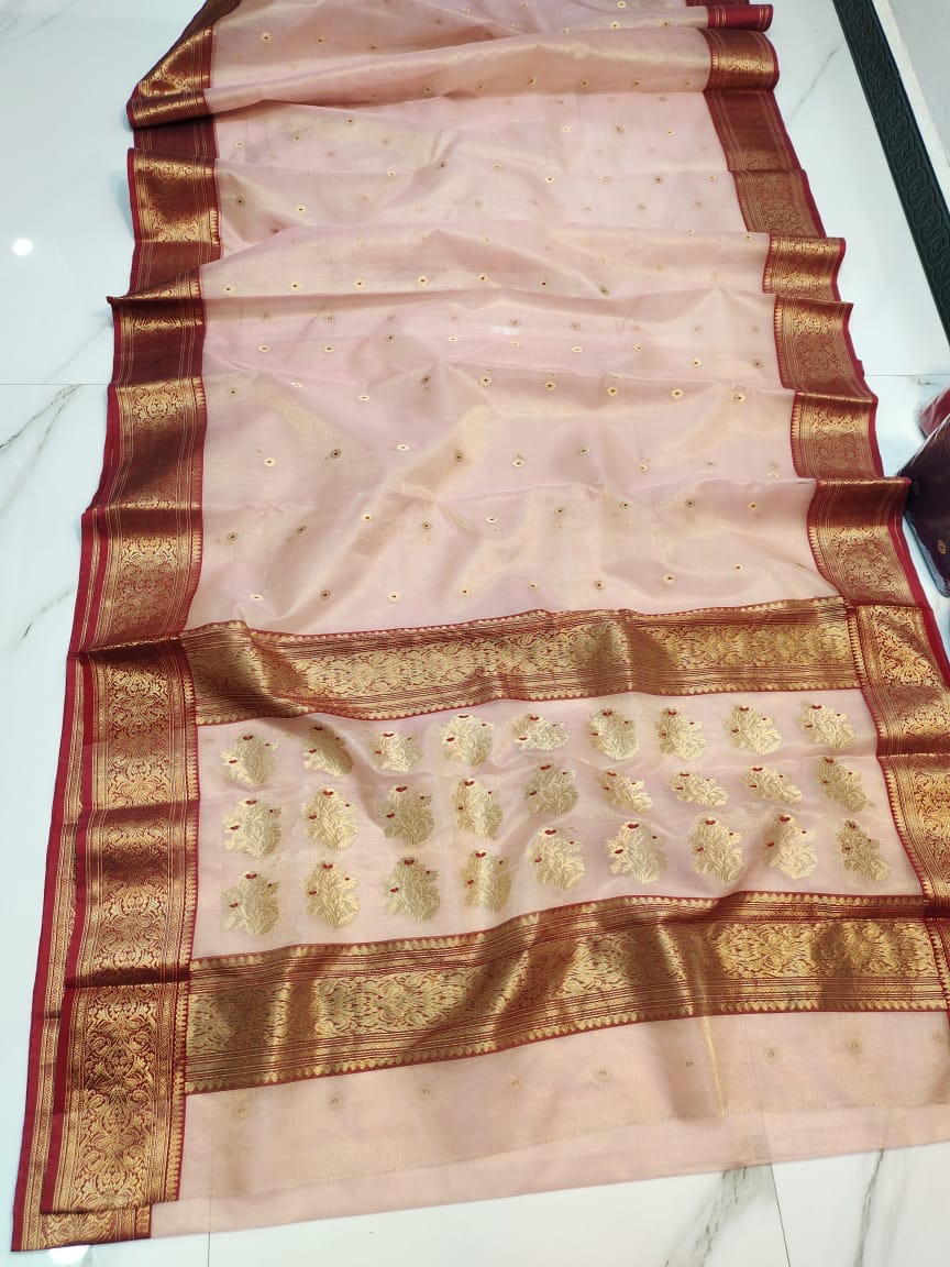 Peach with Maroon Zari Border and Butti Work Chanderi Silk Tissue Saree