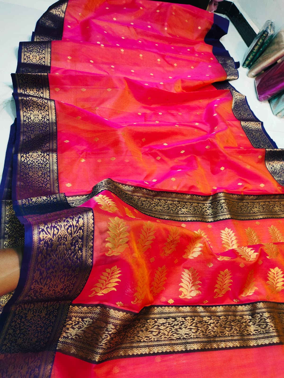 Handwoven Gold Rani Pink Silk Blend with Navy Blue and Gold Zari Border Organza Chanderi Katan Silk Saree - Authentic Chanderi silk sarees Chanderi Saree