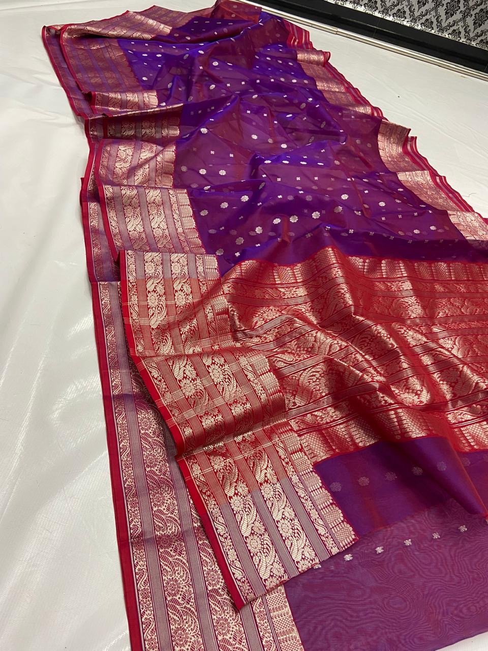 Handwoven Purple Royal Deep Purple with Grand Red and Gold Zari Border Organza Chanderi Katan Silk Saree - Authentic Chanderi silk sarees Chanderi Saree