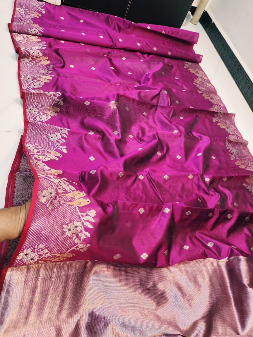 Handwoven Silver Royal Magenta with Artistic Silver Zari Birds on branch Border Chanderi Pattu Silk Saree - Authentic Chanderi silk sarees Chanderi Saree - View 1