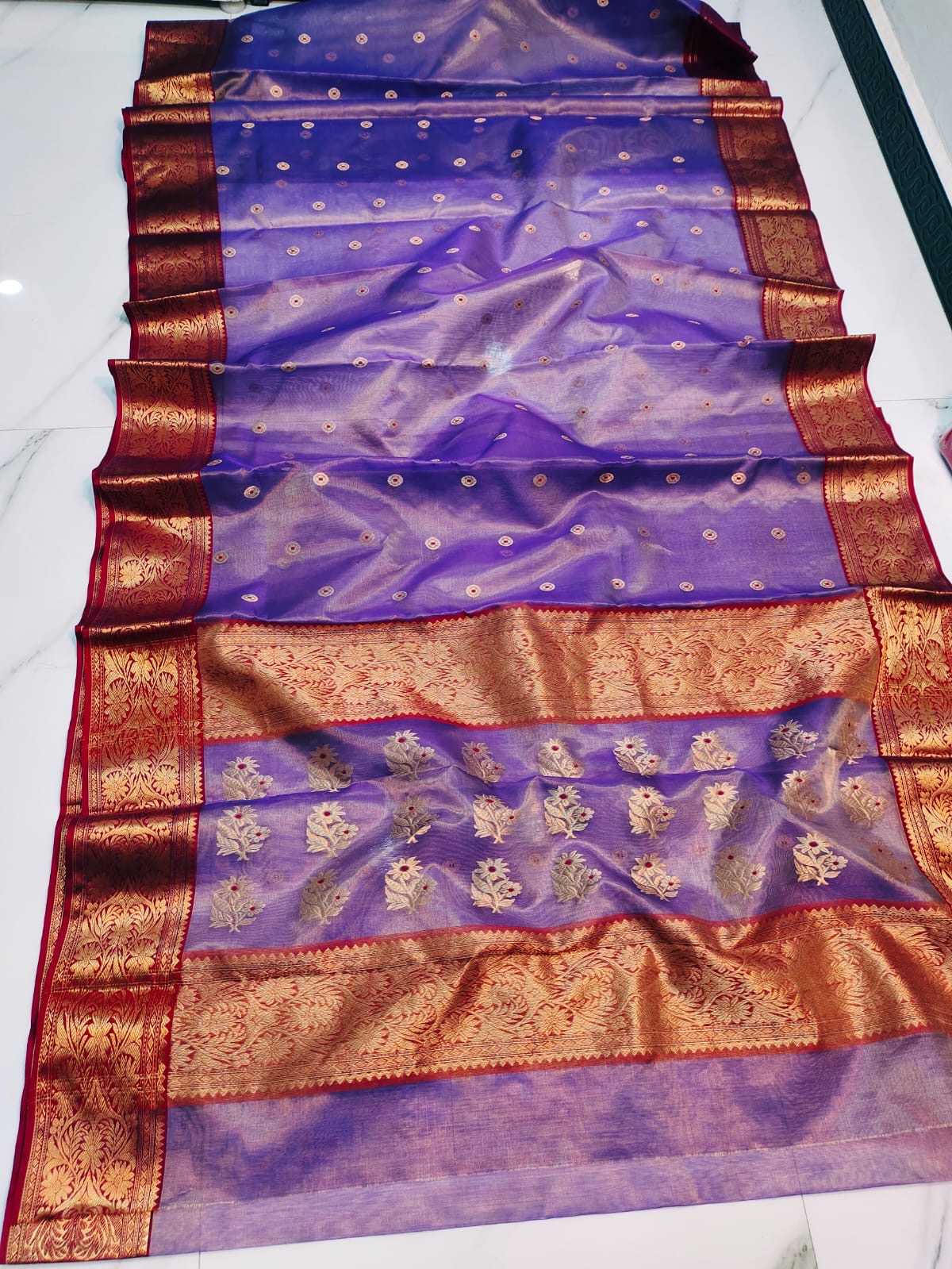 Handwoven Purple Royal Purple with Gold Zari Border and Floral Butti Work Chanderi Silk Tissue Saree - Authentic Tissue Chanderi Saree
