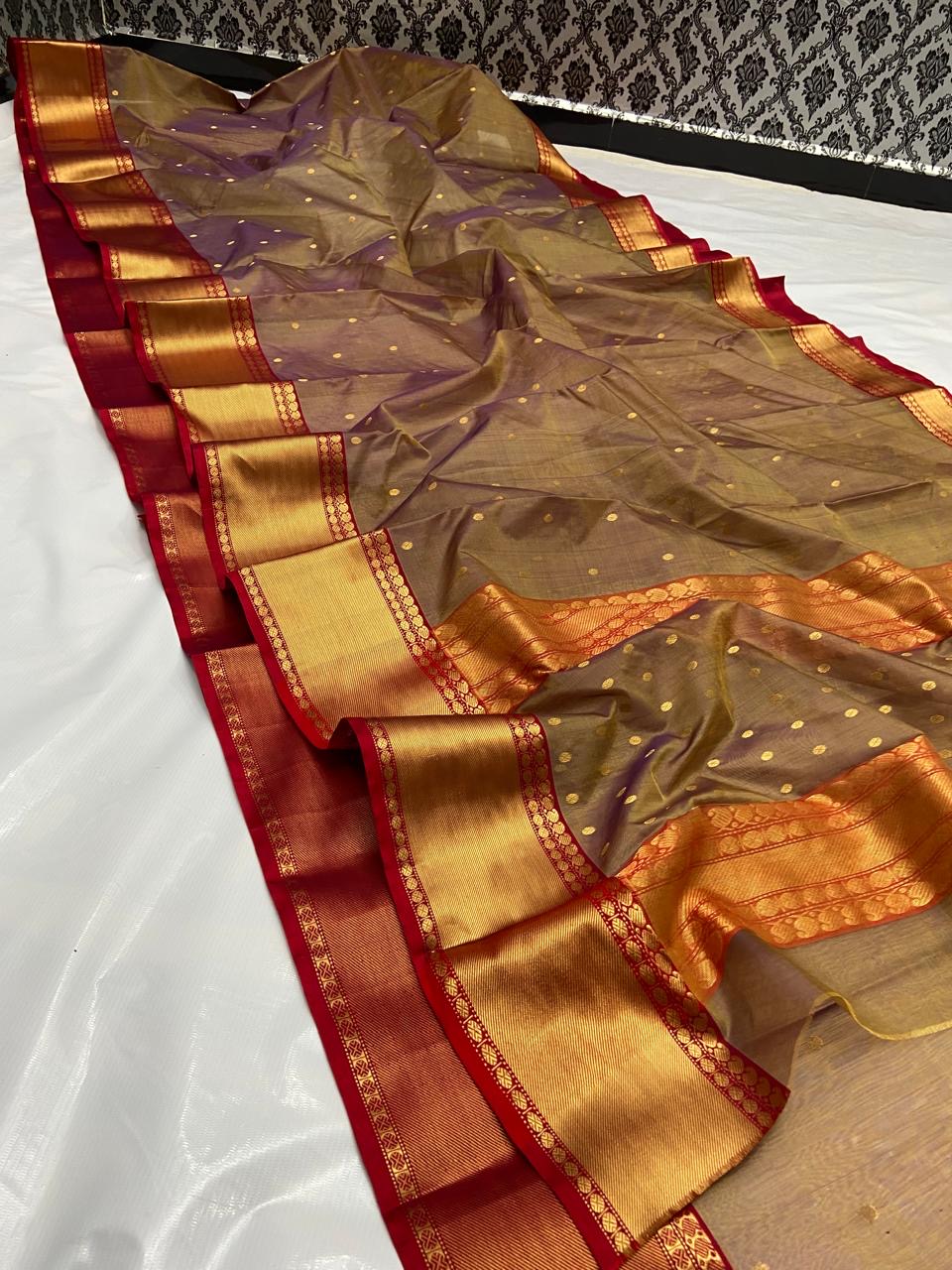Handwoven Gold Smoky mauve with red and gold zari border Organza Chanderi Katan Silk Saree - Authentic Chanderi silk sarees Chanderi Saree - View 1