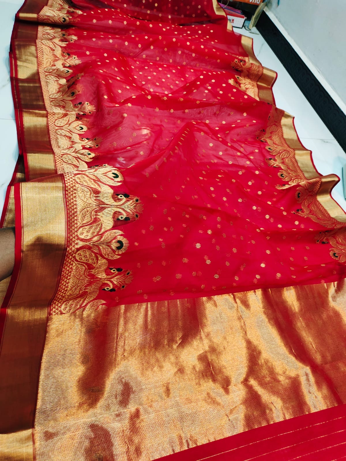 Handwoven Red Vermilion Red with Peacock Meenakari Border Organza Chanderi Katan Silk Saree - Authentic Chanderi silk sarees Chanderi Saree - View 1