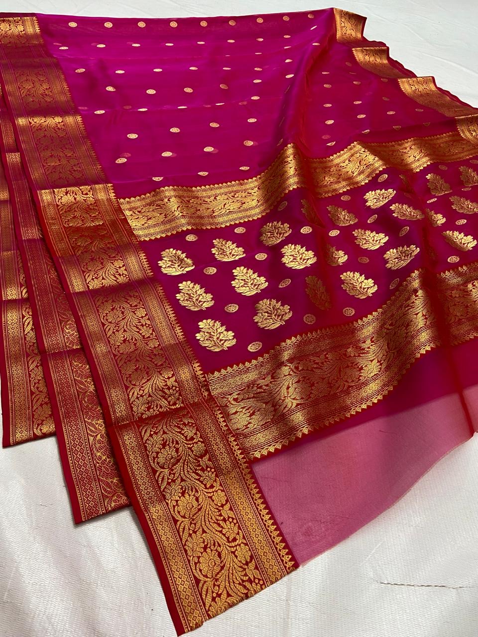 Handwoven Gold Vibrant Rani Pink with Heavy Gold Zari Border Organza Chanderi Katan Silk Saree - Authentic Chanderi silk sarees Chanderi Saree