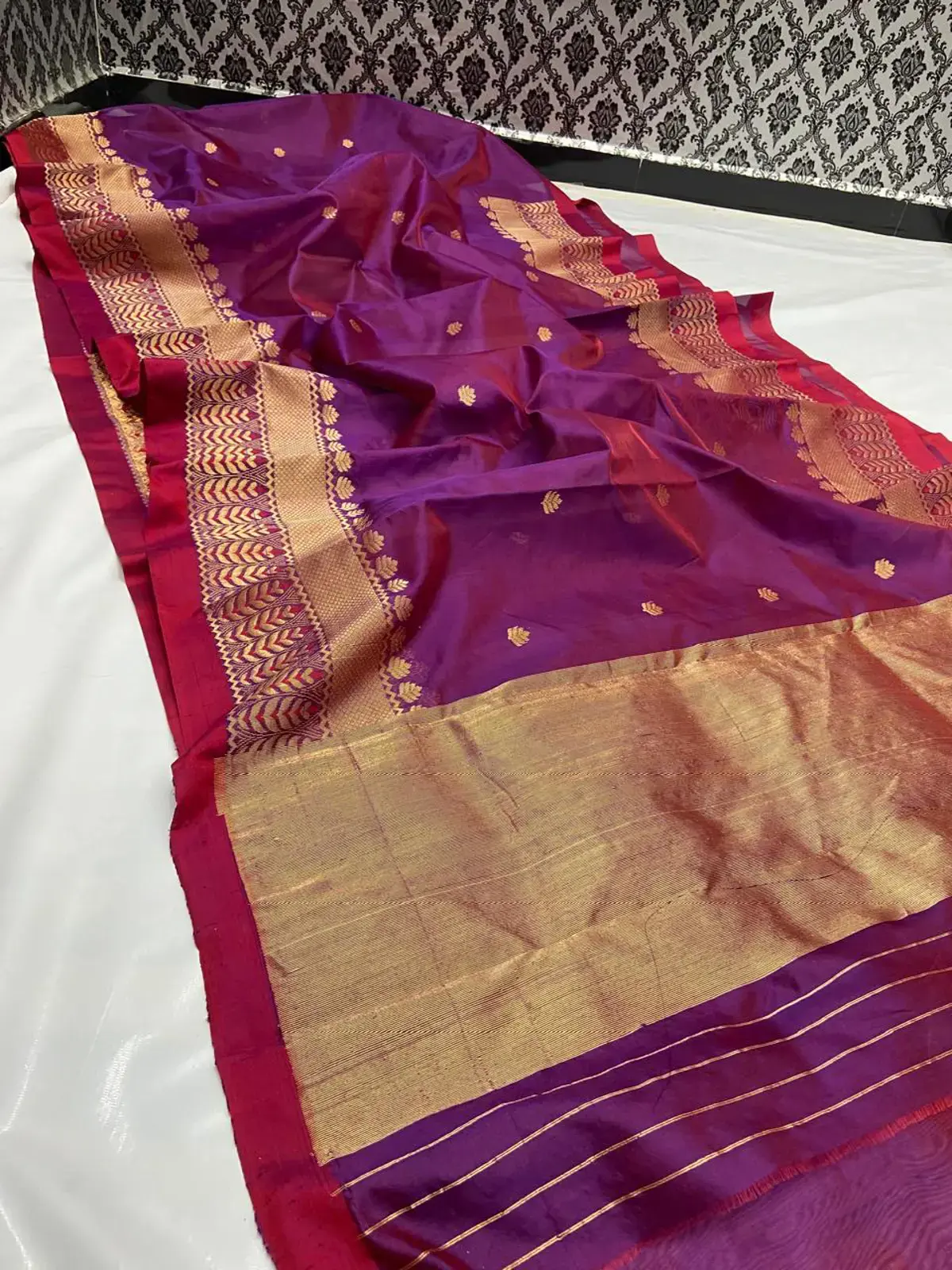 Handwoven Amethyst Bloom & Antique Gold Amethyst Bloom with Delicate Leaf Buttis and Chevron Zari Pattu Silk - Authentic Chanderi Silk Saree Chanderi Saree