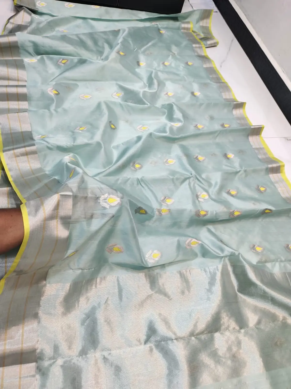 Aqua Mist, Gilded Mustard & Sterling Silver Pattu Silk Saree