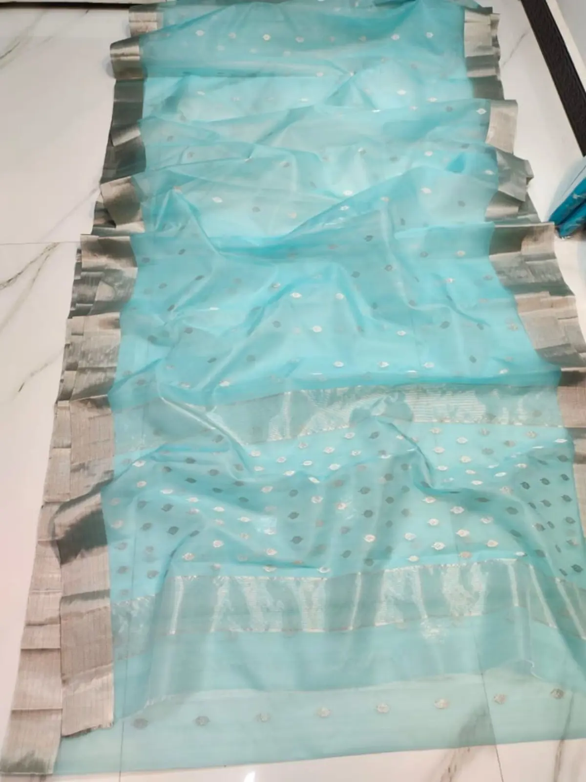 Handwoven Aqua Mist & Silver Aqua Mist & Silver Kataan Silk Saree - Authentic Chanderi Silk Saree Chanderi Saree