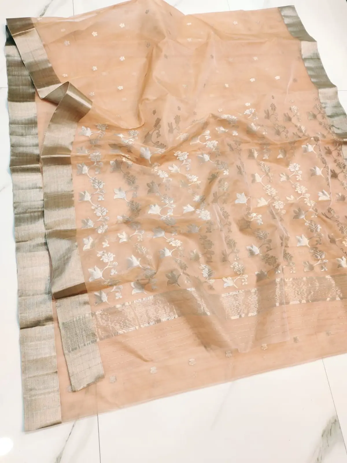 Handwoven Blushing Peach & Sterling Silver Blushing Peach & Sterling Silver Kataan Silk Saree - Authentic Chanderi Silk Saree Chanderi Saree - View 1