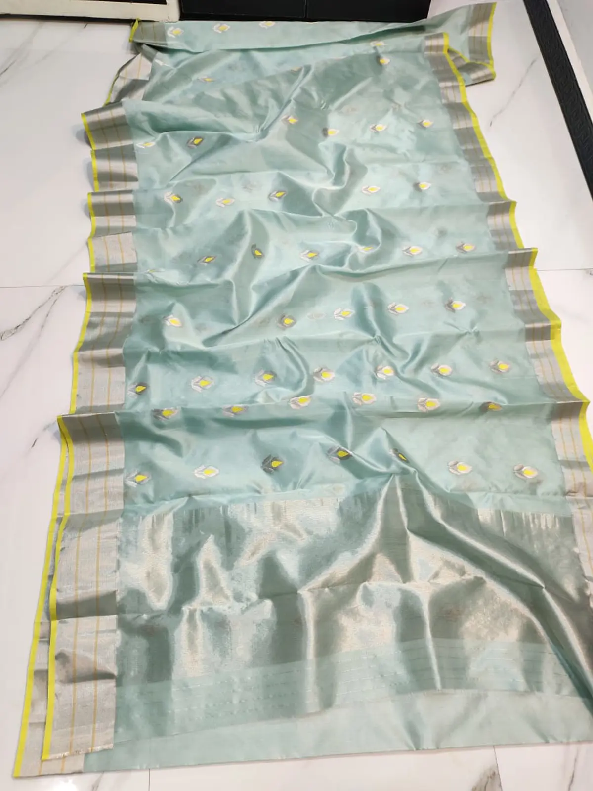 Celadon Mist, Gilded Yellow, White, and Silver Zari Pattu Silk Saree