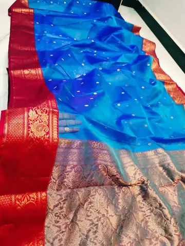 Handwoven Celestial Azure & Regal Ruby with Antique Gold Zari Celestial Azure with Regal Ruby Border and Antique Gold Zari Kataan Silk - Authentic Chanderi Silk Saree Chanderi Saree - View 1