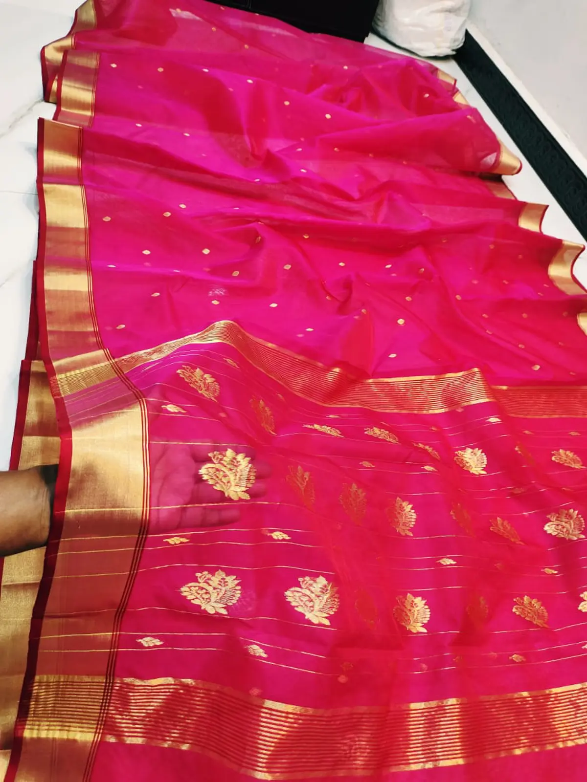 Handwoven Cerise Radiance & Gilded Gold Cerise Radiance with Gilded Booti and Floral Motifs Kataan Silk - Authentic Chanderi Silk Saree Chanderi Saree