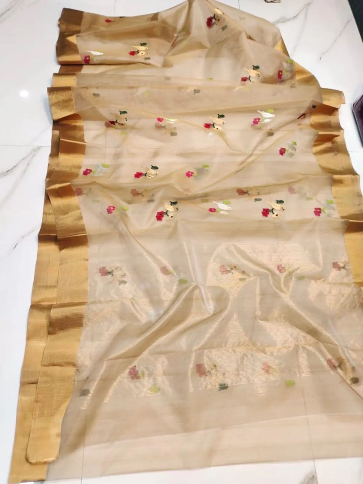 Handwoven Champagne Blossom & Antique Gold Champagne Blossom and Antique Gold Champagne Blossom with Golden Zari Birds Chanderi Silk - Authentic Chanderi Silk Saree Chanderi Saree