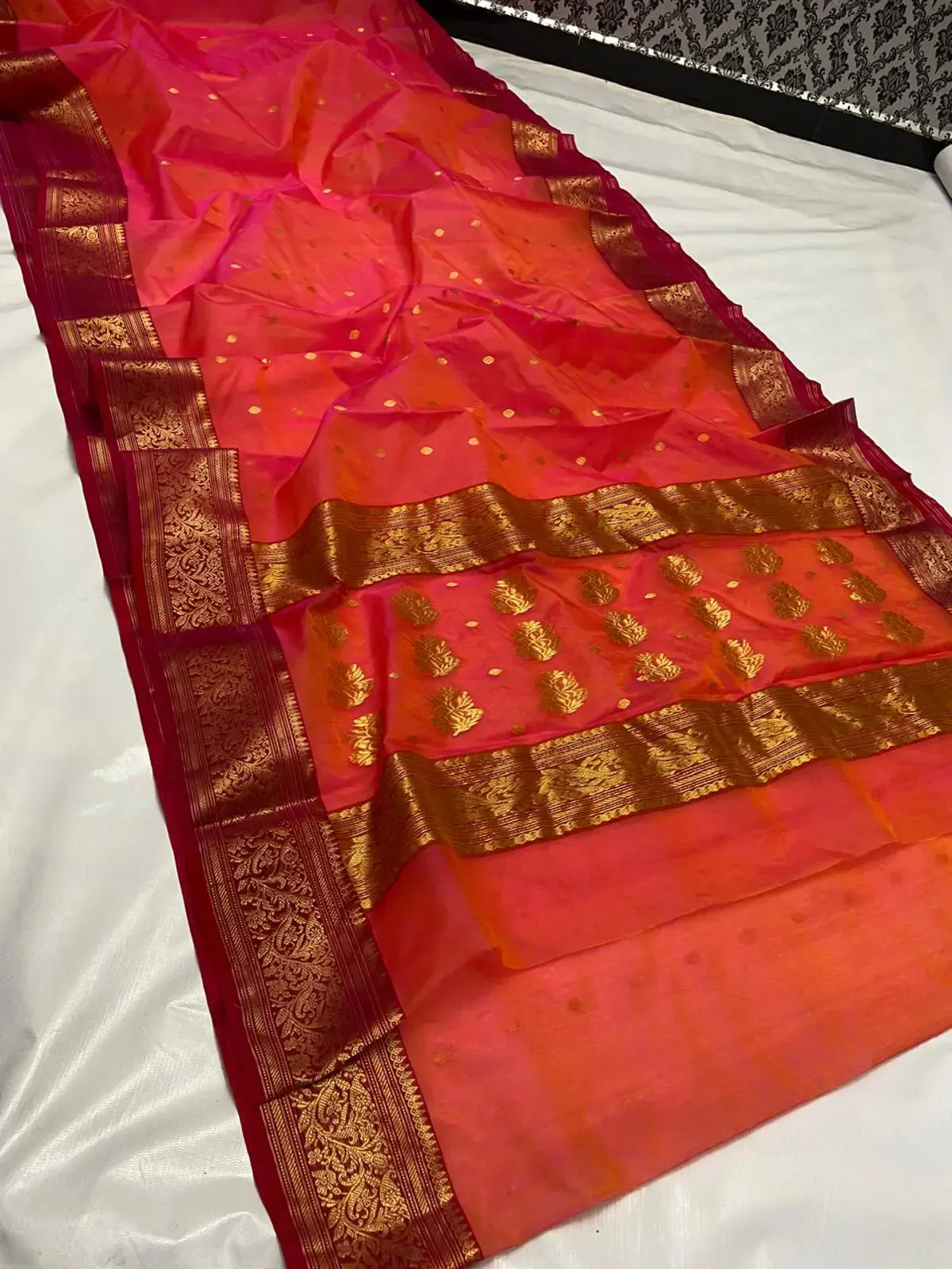 Handwoven Coral Radiance & Magenta Ombre Coral Radiance with Magenta Ombre and Scattered Gold Zari Buttis Chanderi Saree - Authentic Chanderi Silk Saree Chanderi Saree
