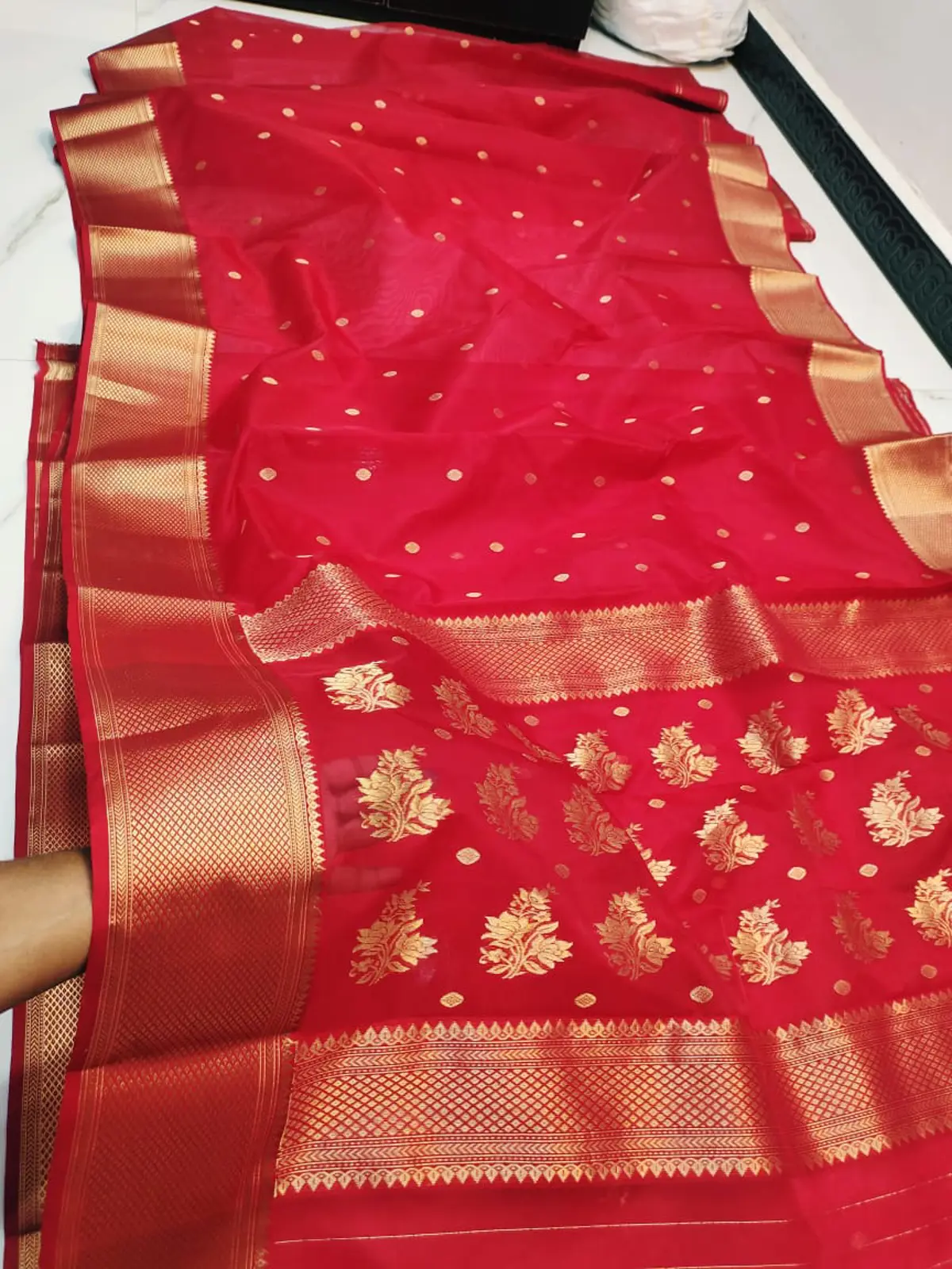 Crimson Bloom with Antique Gold Floral Jaal Kataan Silk - Handloom Chanderi Saree