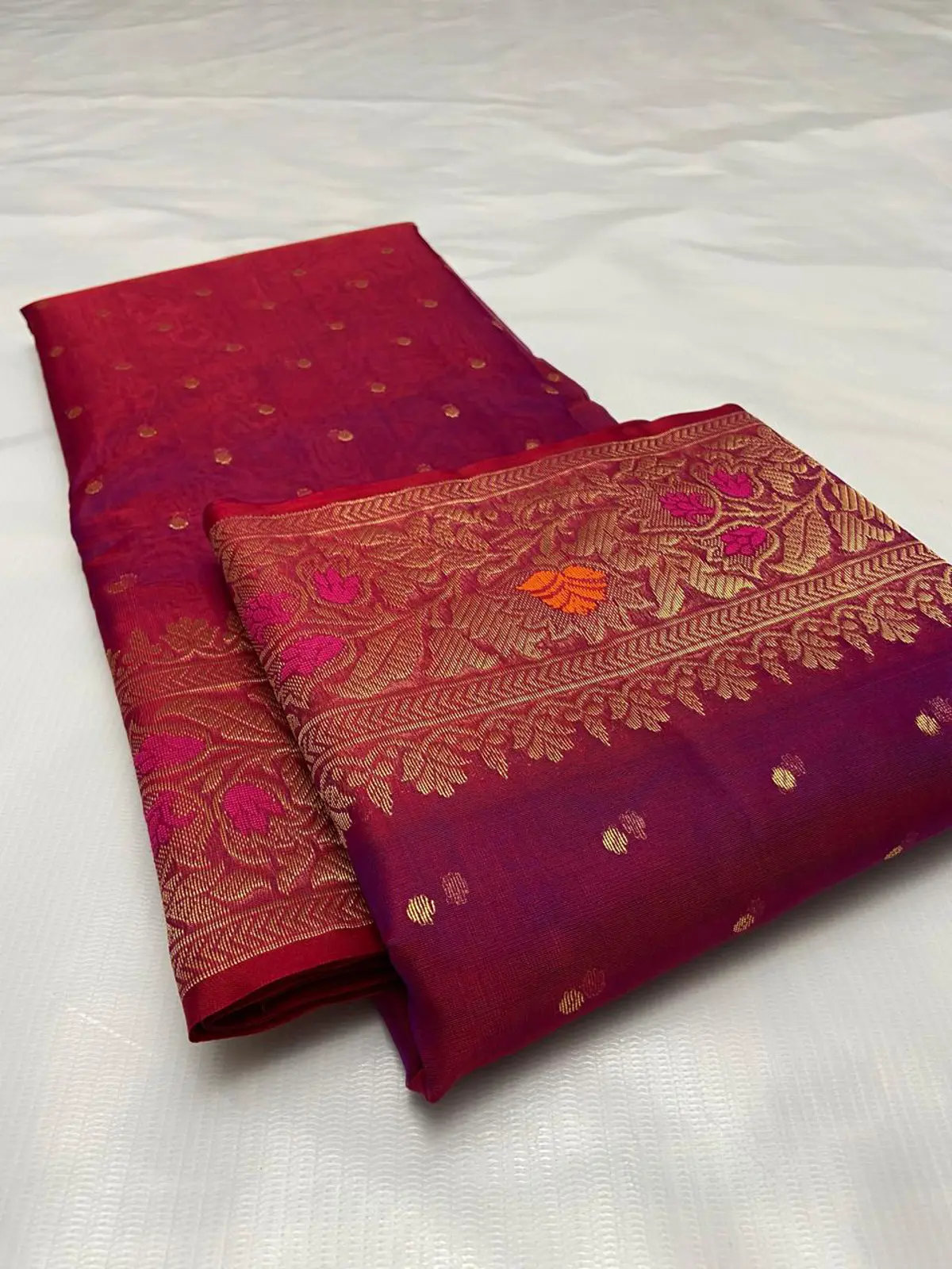 Crimson Plum with Intricate Antique Gold Zari Floral Motifs Kataan Silk - Handloom Chanderi Saree
