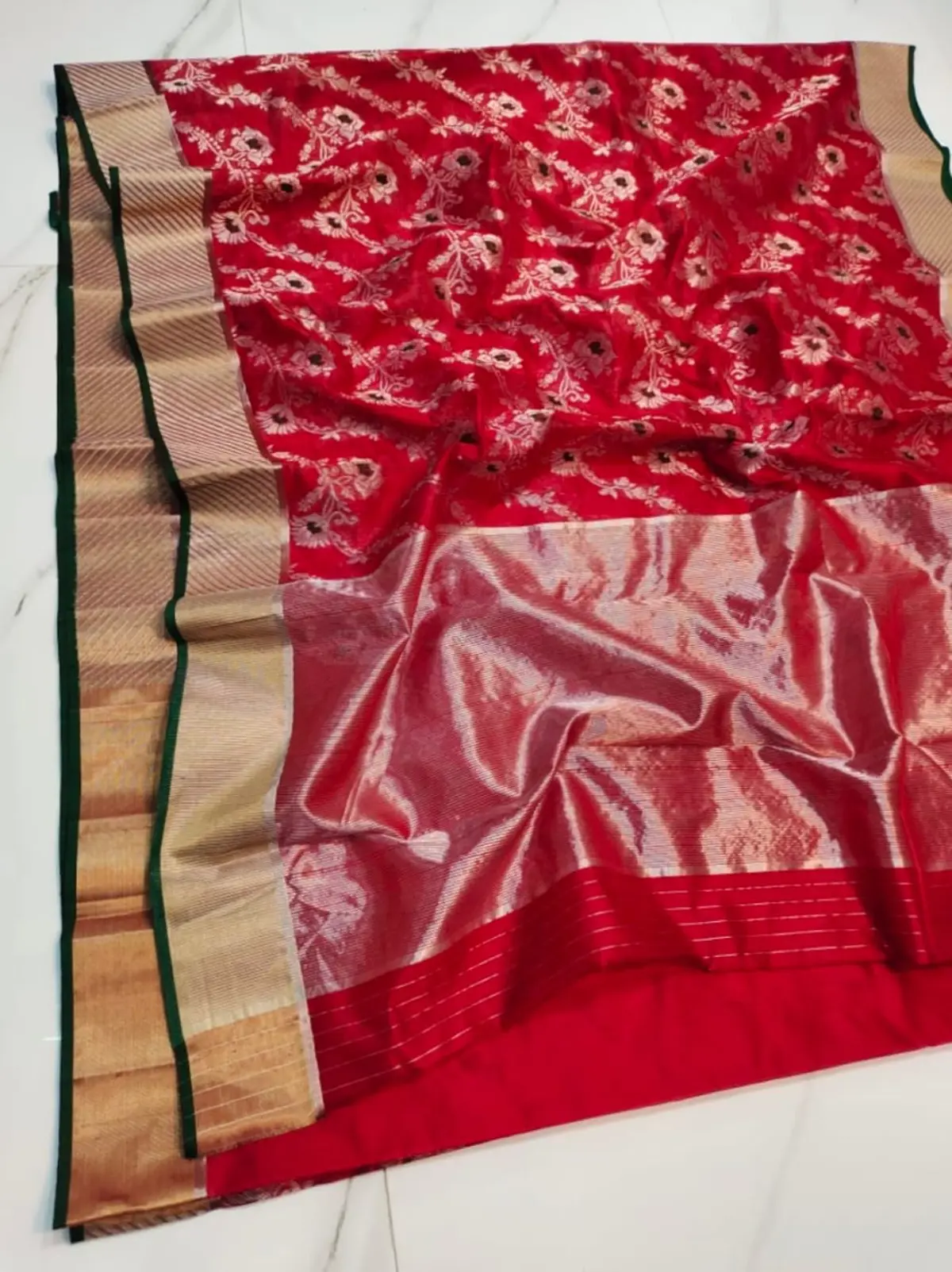 Handwoven Crimson Radiance with Antique Gold and Deep Emerald Accents Crimson Radiance with Antique Gold and Deep Emerald Accents Pattu Silk Saree - Authentic Chanderi Silk Saree Chanderi Saree - View 1