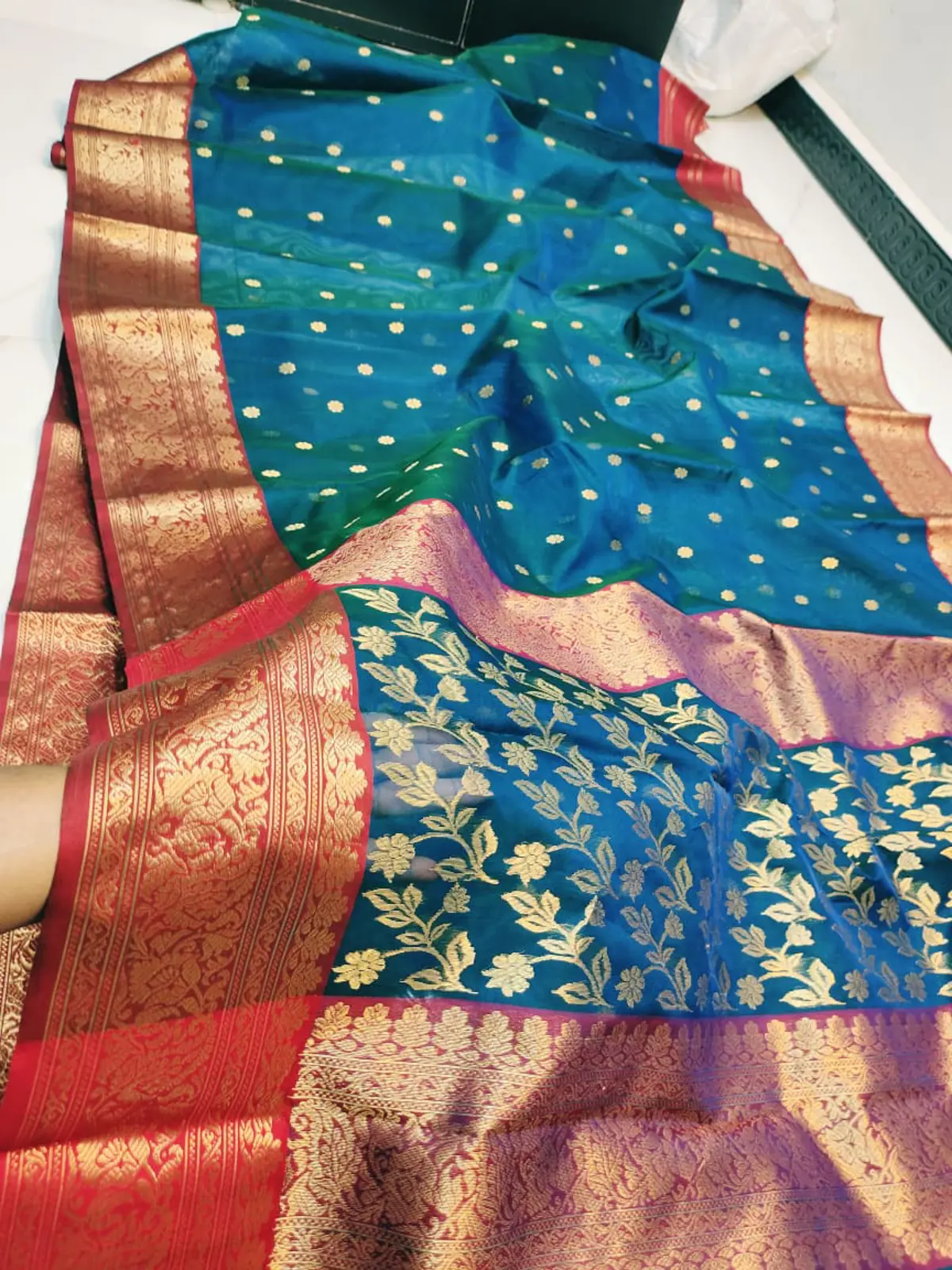 Emerald Teal with Ruby Red Border and Floral Zari Kataan Silk