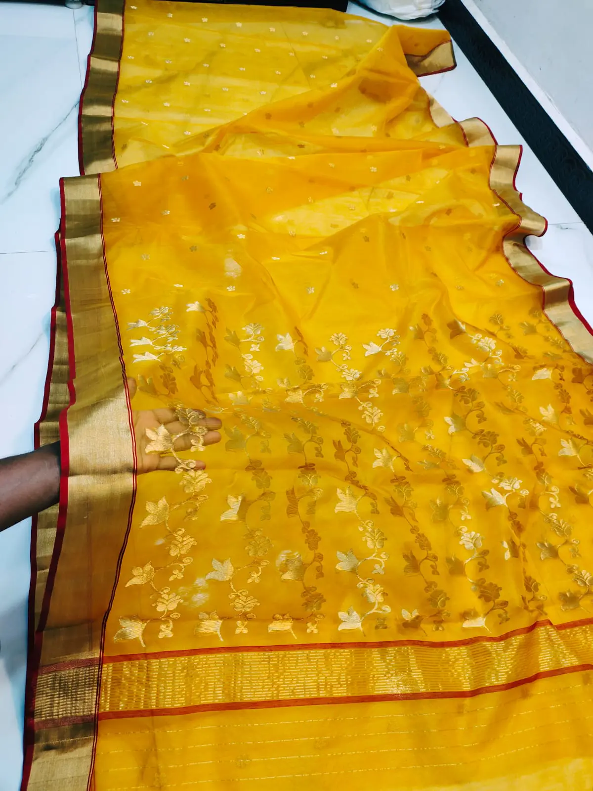 Emerald Verdant with Gilded Floral Jaal Kataan Silk
