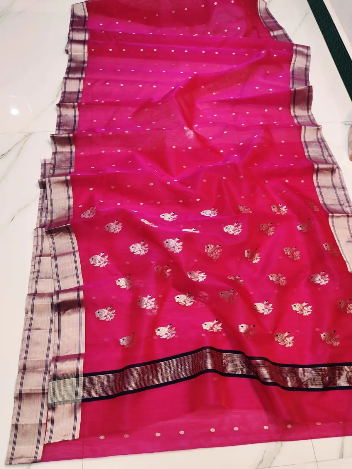 Handwoven Fuchsia & Silver Zari Fuchsia & Silver Zari Kataan Silk Saree - Authentic Chanderi Silk Saree Chanderi Saree