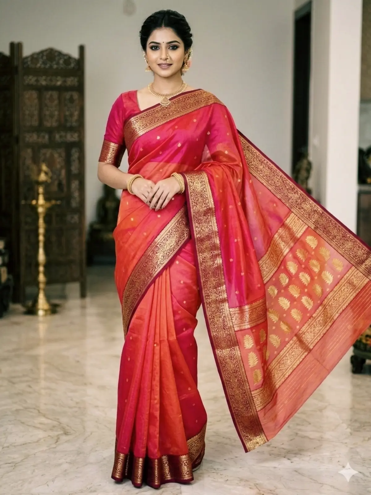 Handwoven Fuchsia & Coral Ombre Fuchsia and Coral Ombre with Regal Gold Zari Border and Pallu Chanderi Silk - Authentic Chanderi Silk Saree Chanderi Saree