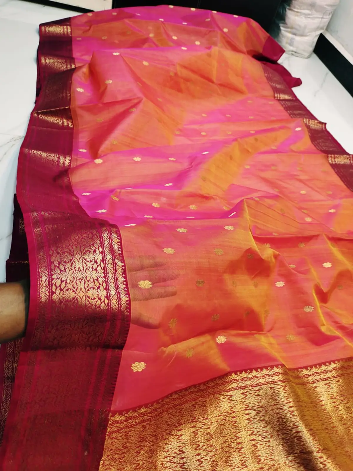 Fuchsia-Coral Ombre and Crimson Gold Fuchsia-Coral Ombre with Opulent Gold Zari Weave Kataan Silk - Handloom Chanderi Saree