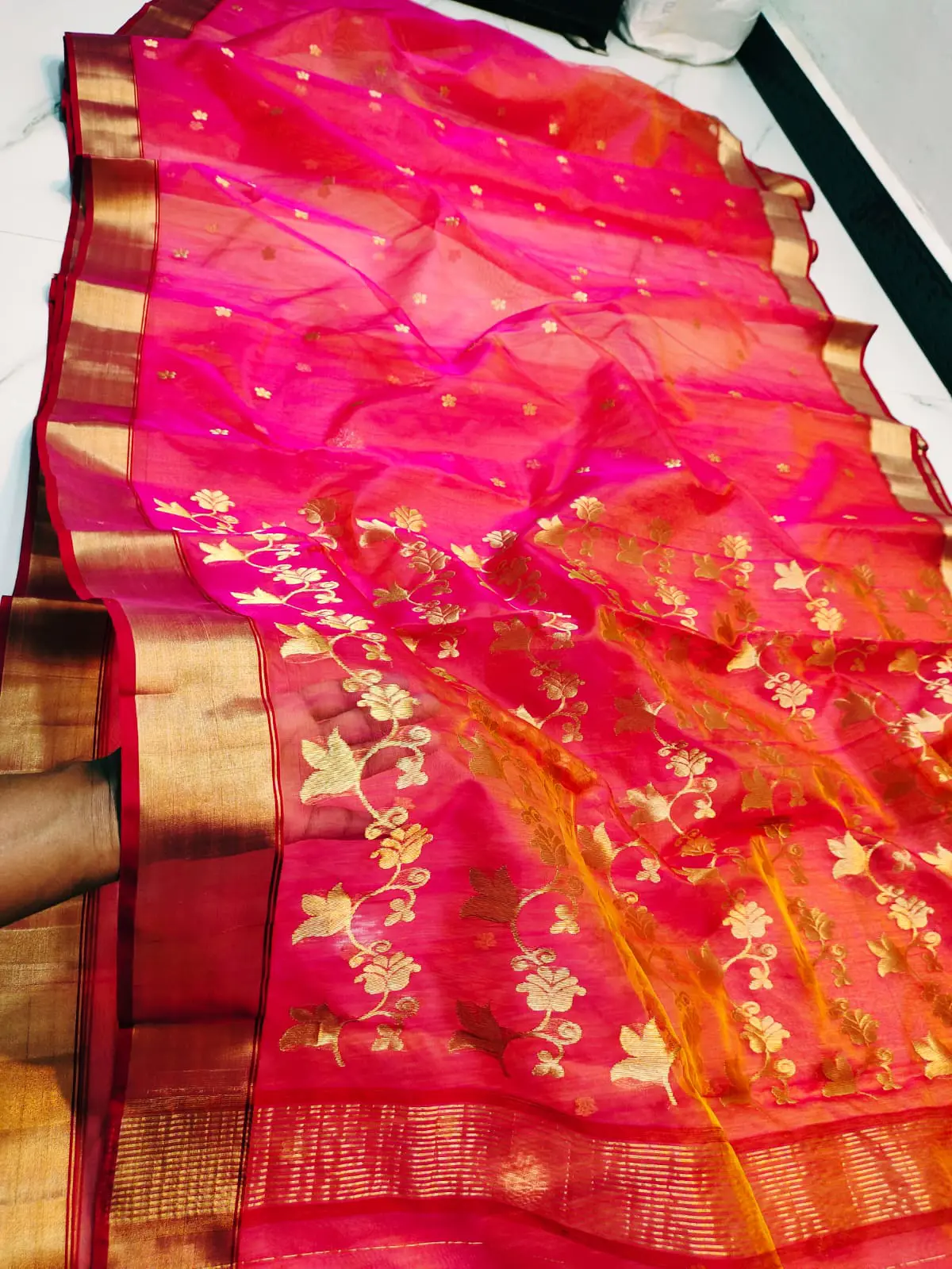 Handwoven Fuchsia & Gilded Gold Fuchsia Radiance with Gilded Botanical Weave Chanderi Silk - Authentic Chanderi Silk Saree Chanderi Saree