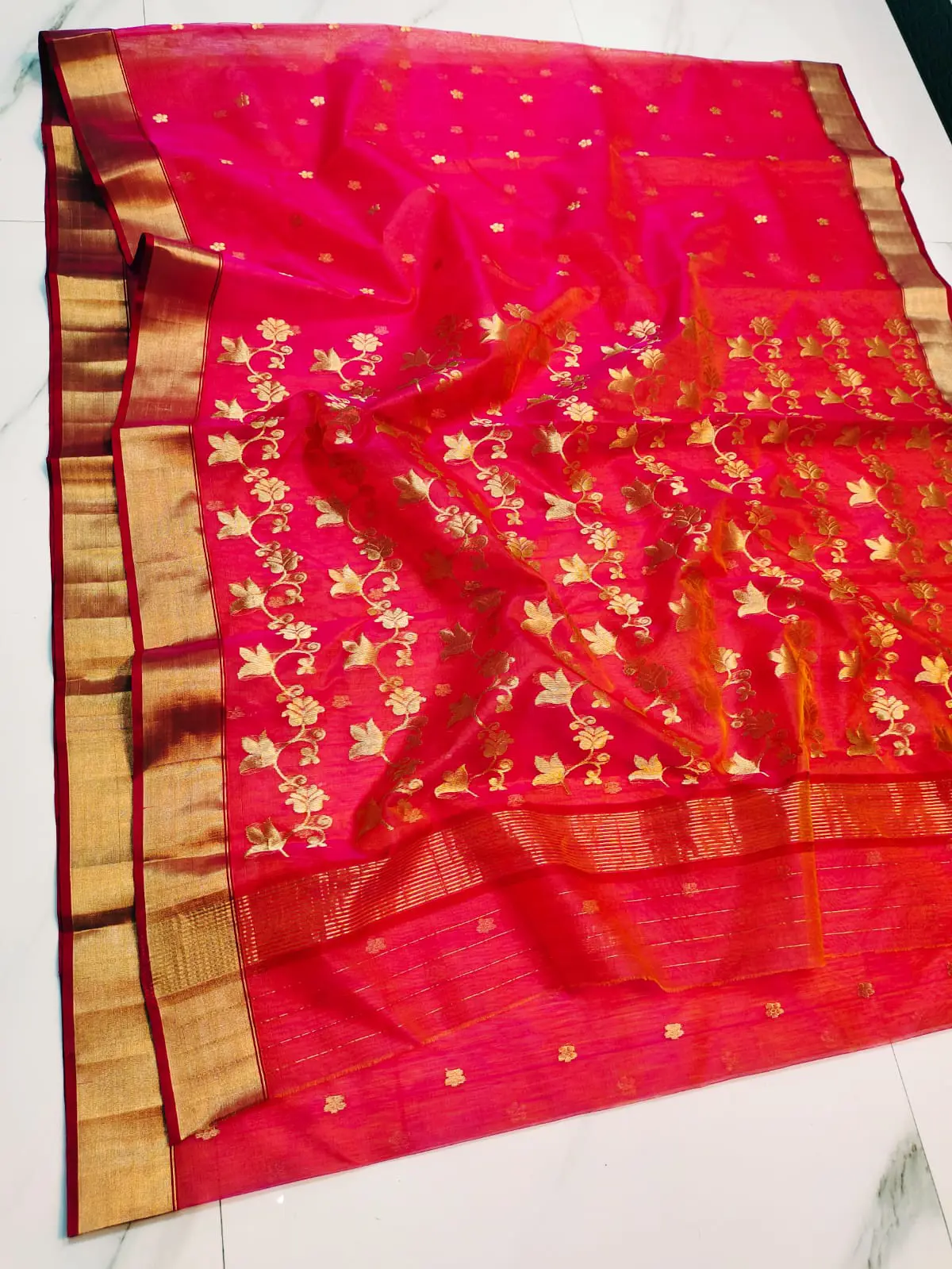 Handwoven Fuchsia & Gilded Gold Fuchsia Radiance with Gilded Botanical Weave Chanderi Silk - Authentic Chanderi Silk Saree Chanderi Saree - View 2