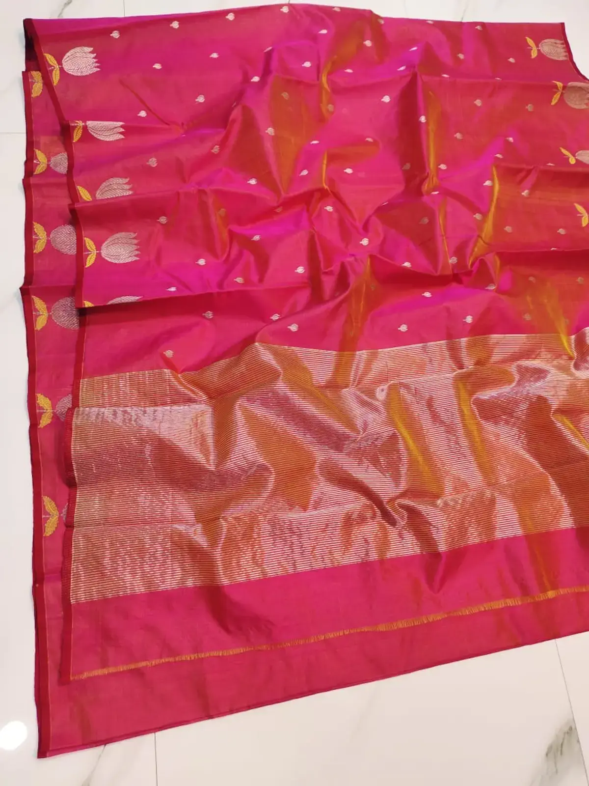 Handwoven Ruby Fuchsia Radiance with Gilded Floral Buttas and Striped Zari Pallu Pattu Silk - Authentic Chanderi Silk Saree Chanderi Saree - View 1