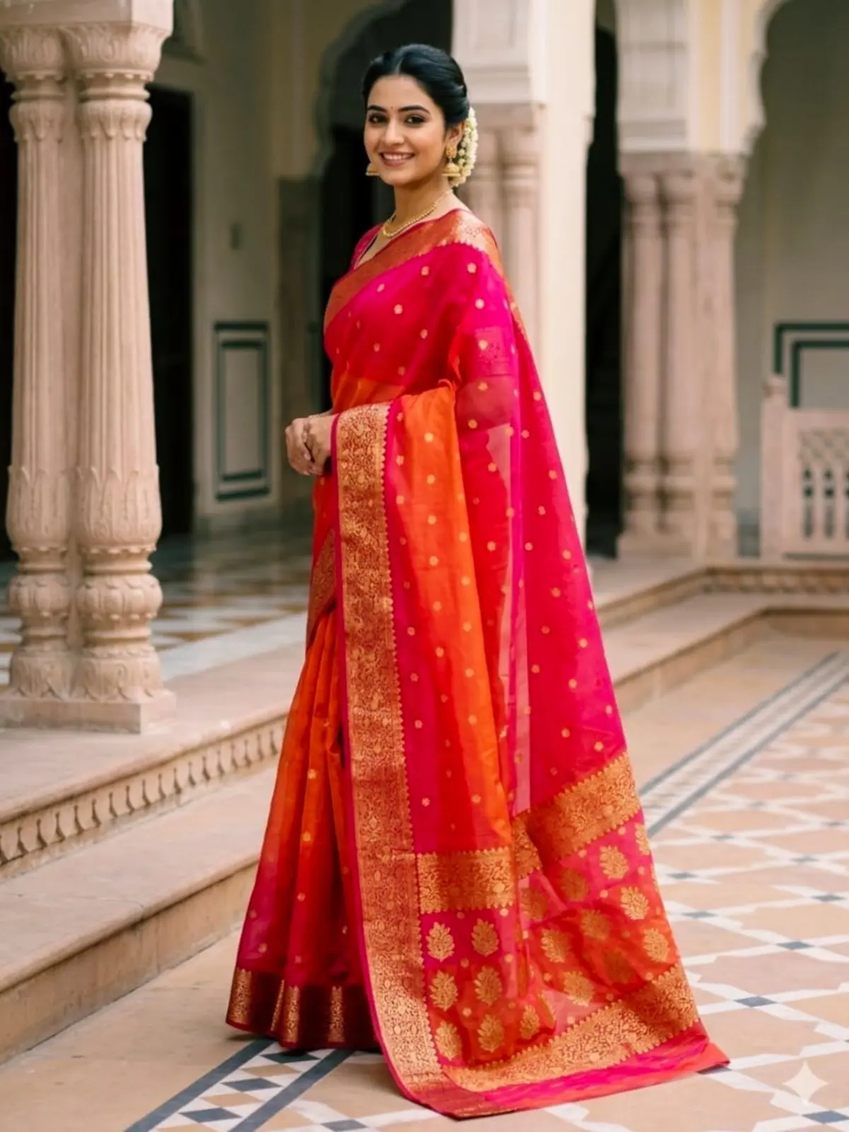 Handwoven Fuchsia & Tangerine Gold Fuchsia Sunset with Opulent Gold Zari Buti Kataan Silk - Authentic Chanderi Silk Saree Chanderi Saree
