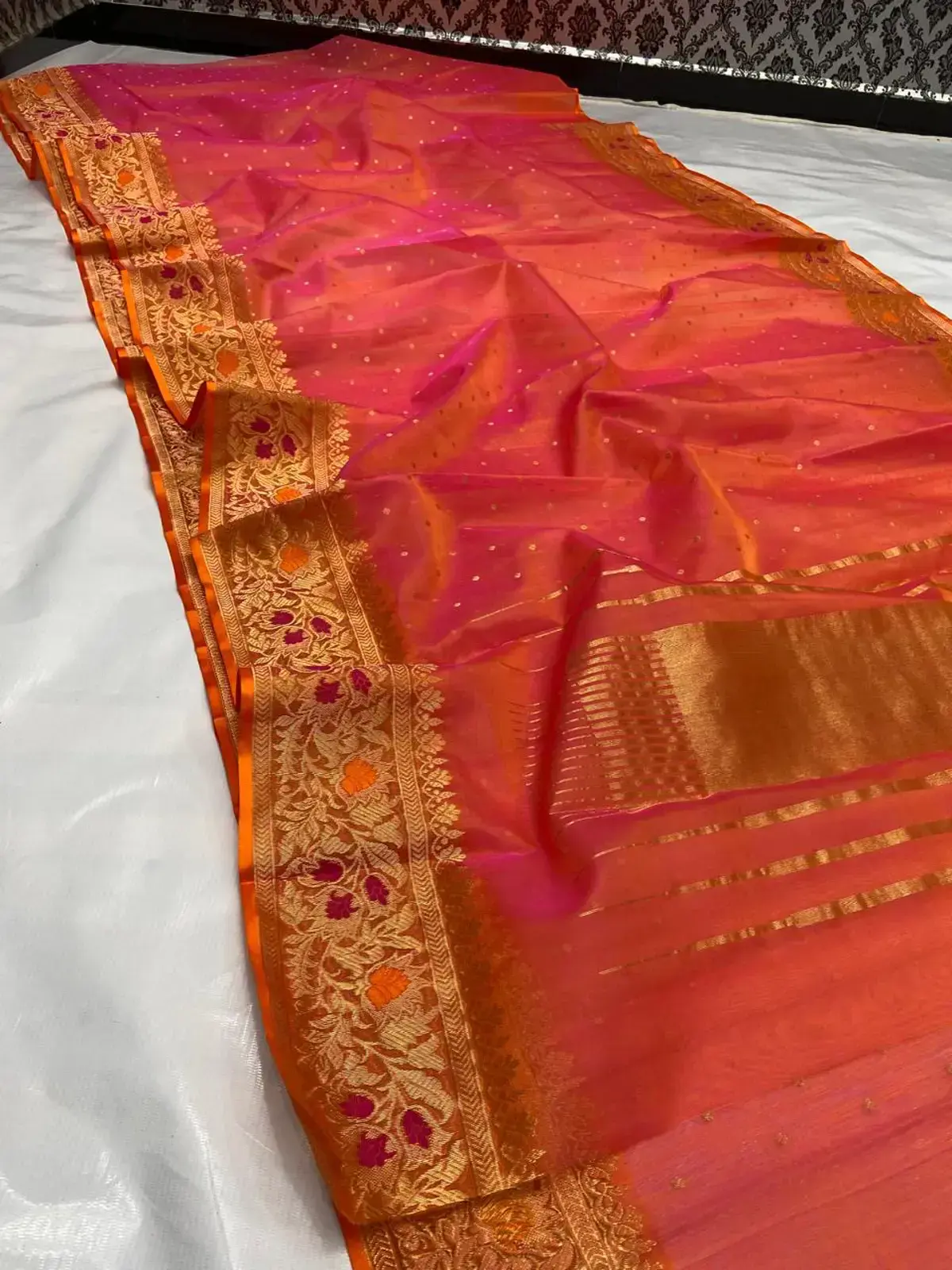 Handwoven Rust Heritage rust with Antique Gold Meenakari Border Pure Katan Silk Saree - Authentic Chanderi Silk Saree Chanderi Saree - View 1