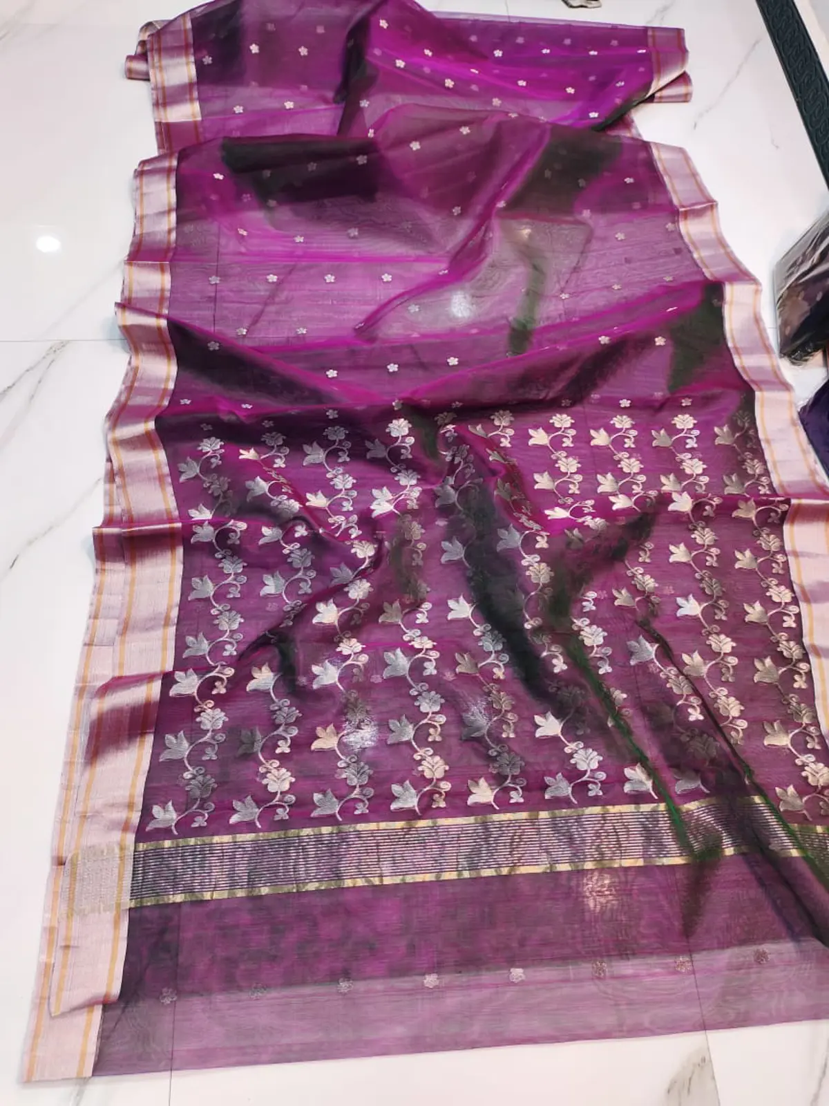 Handwoven Imperial Magenta with Silver and Antique Gold Zari Accents Imperial Magenta with Silver and Antique Gold Zari Accents Kataan Silk Saree - Authentic Chanderi Silk Saree Chanderi Saree