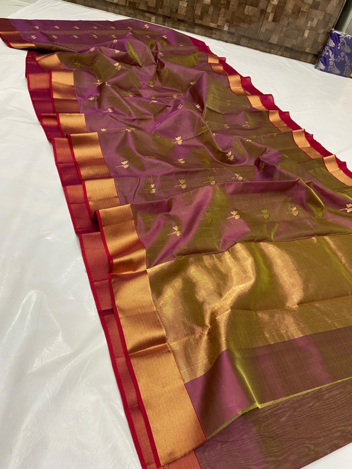 Handwoven Aqua Mist, Gilded Mustard & Sterling Silver Iridescent Amethyst with Gilded Floral Motifs Pattu Silk - Authentic Chanderi Silk Saree Chanderi Saree