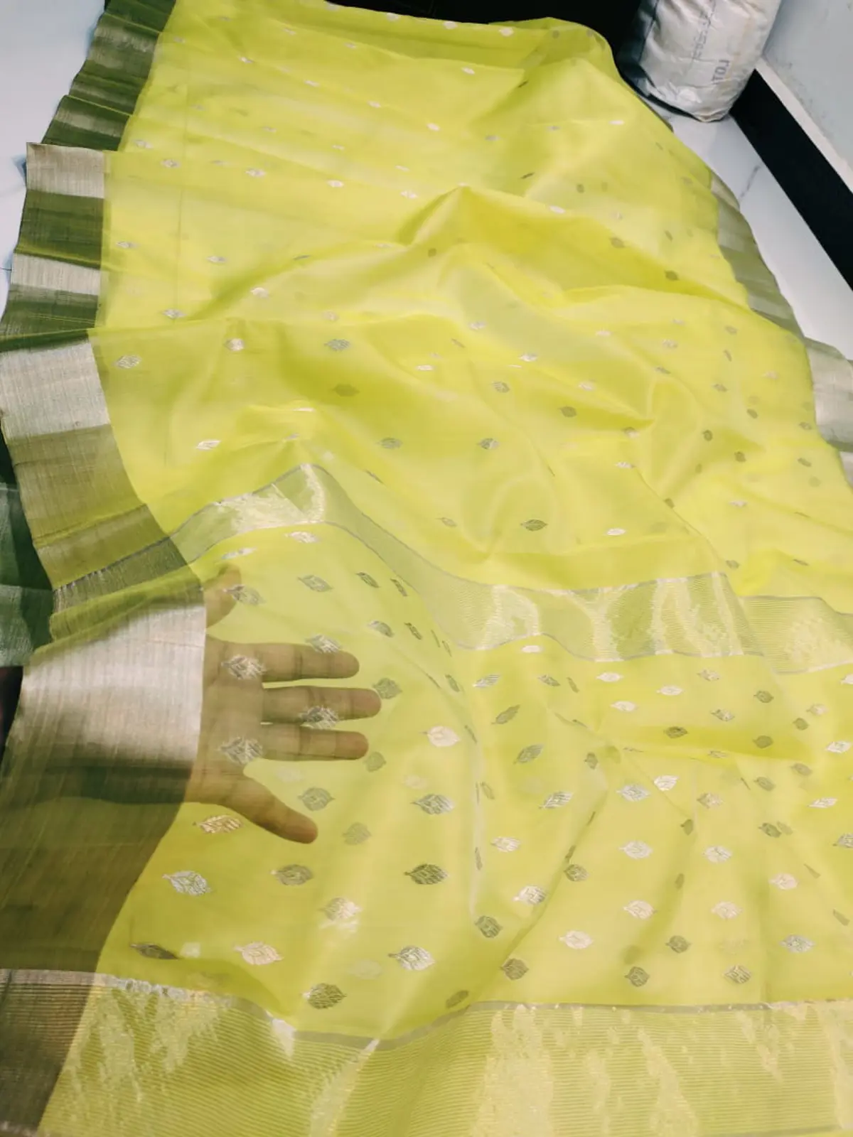 Handwoven Luminous Chartreuse & Silver Luminous Chartreuse with Silver Leaf Motifs and Striped Border Kataan Silk - Authentic Chanderi Silk Saree Chanderi Saree