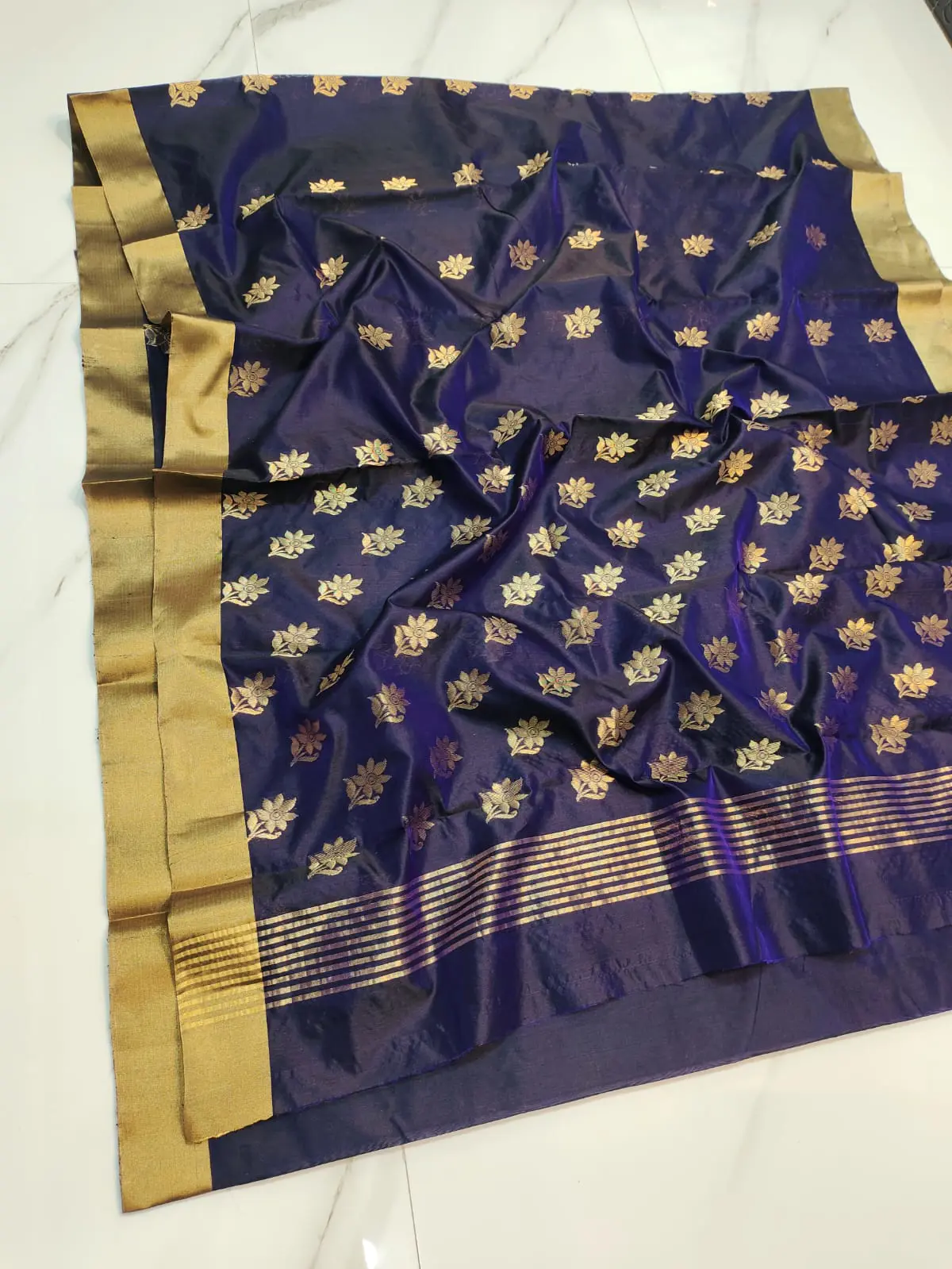 Handwoven Midnight Indigo & Gilded Gold Midnight Indigo and Gilded Gold Kataan Silk Saree - Authentic Chanderi Silk Saree Chanderi Saree