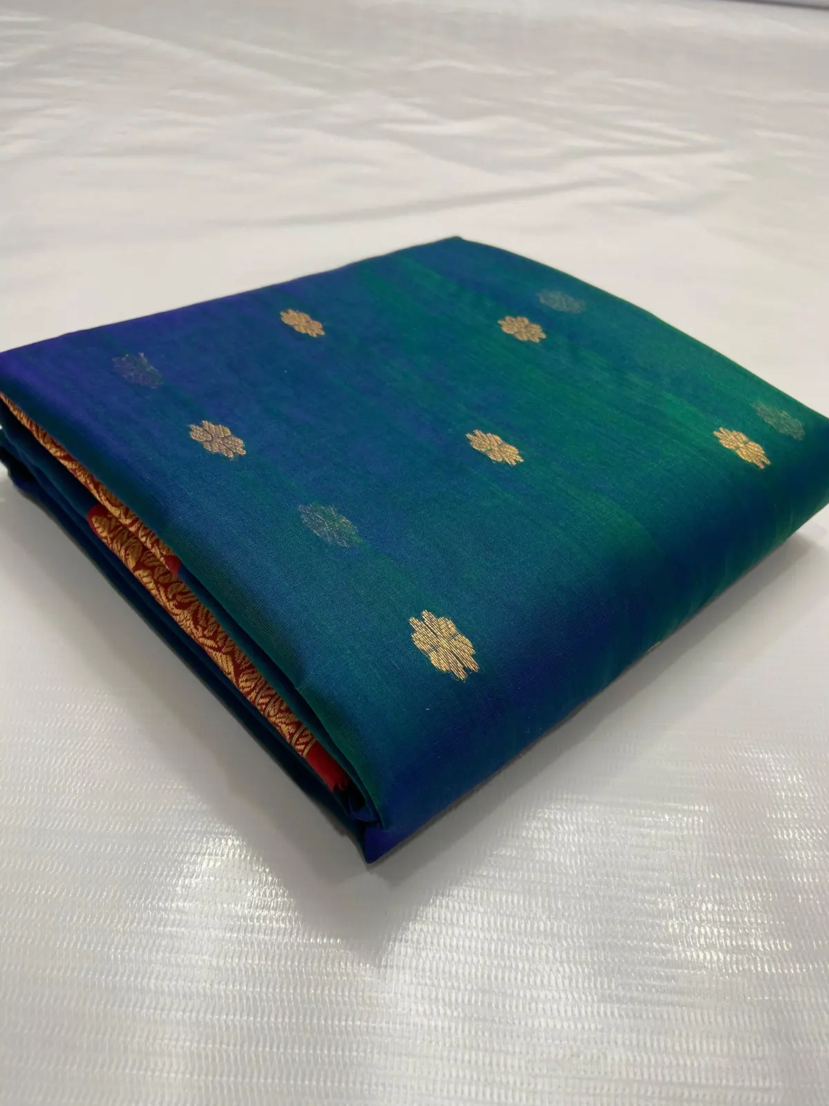 Handwoven Mystic Teal & Verdant Green with Ruby Red Border Mystic Teal and Verdant Green with Glimmering Gold Buttis Kataan Silk - Authentic Chanderi Silk Saree Chanderi Saree - View 1