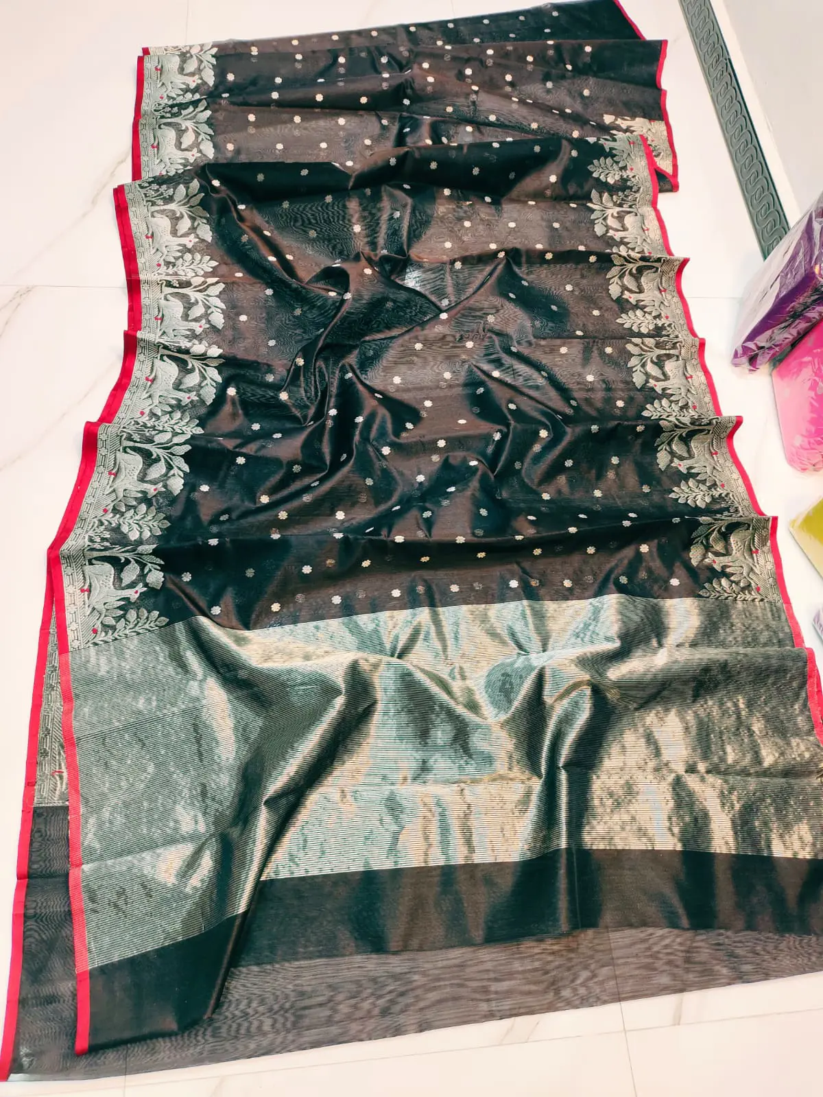 Obsidian Dusk, Moonlit Silver, and Crimson Pattu Silk Saree