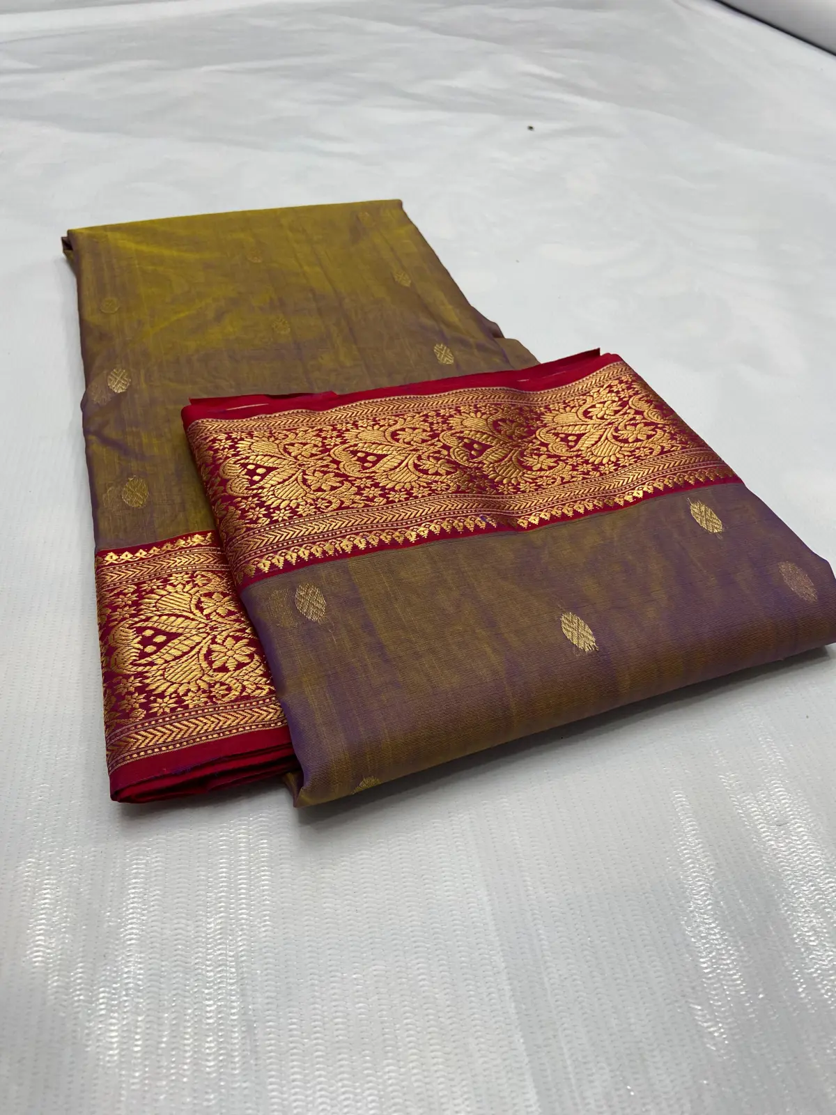 Olive and Crimson with Intricate Gold Zari Kataan Silk - Handloom Chanderi Saree