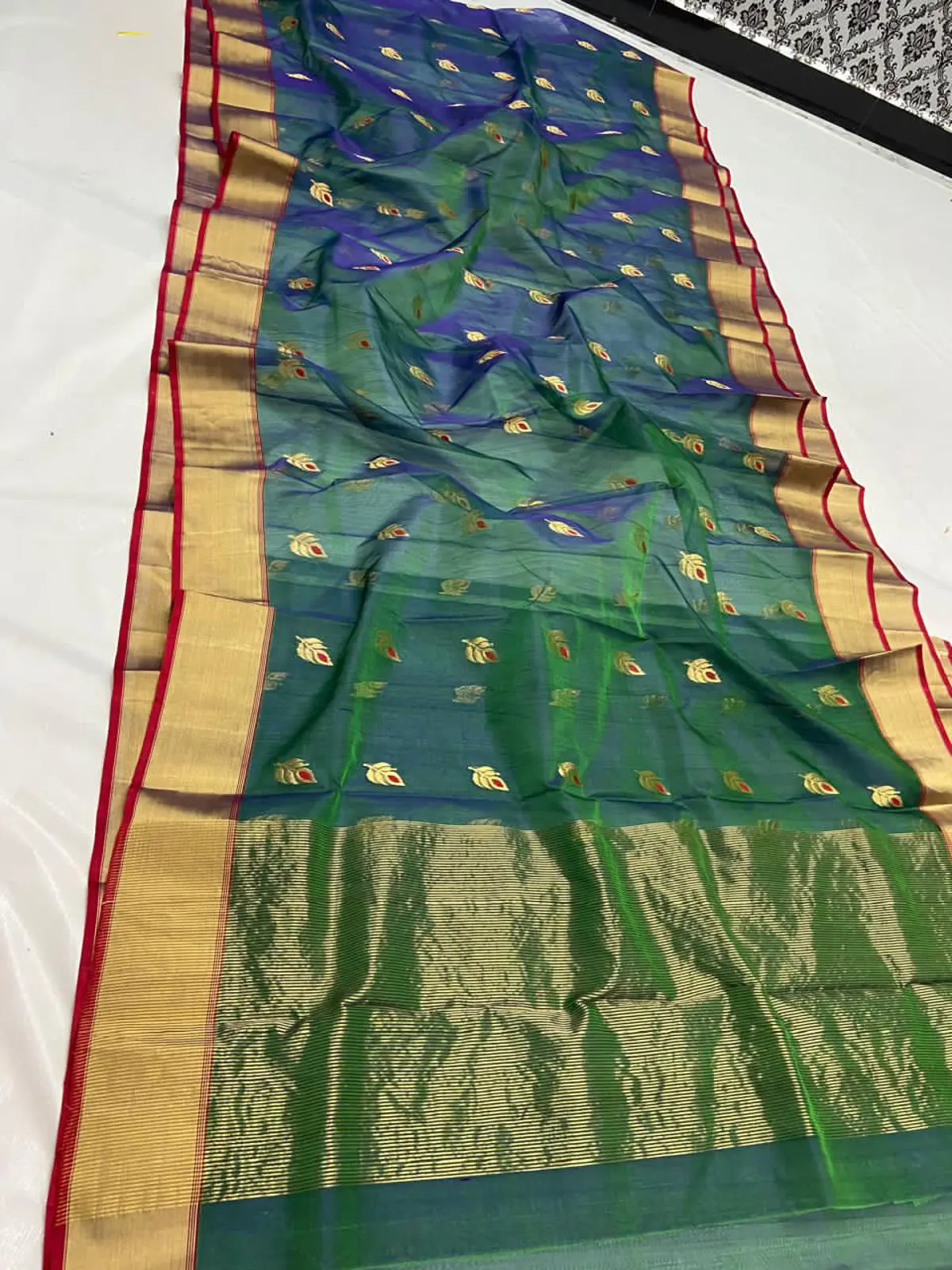 Handwoven Peacock Teal & Antique Gold with Crimson accents Peacock Teal & Antique Gold with Crimson accents Kataan Silk Saree - Authentic Chanderi Silk Saree Chanderi Saree - View 1