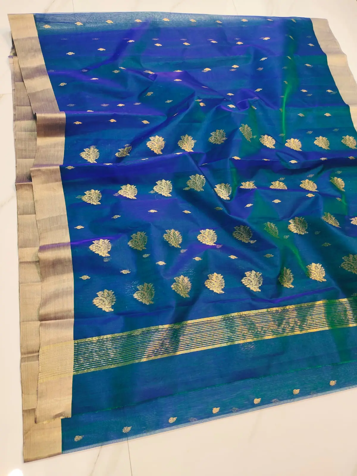 Handwoven Peacock Teal with Antique Gold Accents Peacock Teal with Antique Gold Accents Kataan Silk Saree - Authentic Chanderi Silk Saree Chanderi Saree
