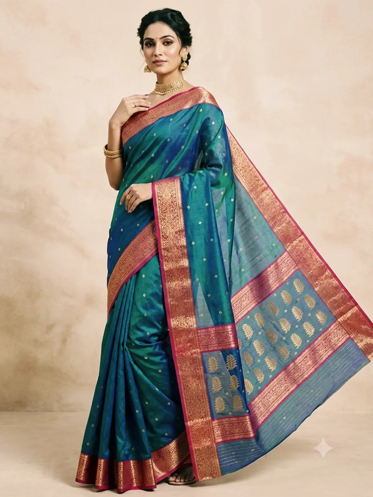 Handwoven Peacock Teal & Rose Pink with Antique Gold Peacock Teal with Rose Pink and Gold Zari Border Chanderi Silk - Authentic Chanderi Silk Saree Chanderi Saree